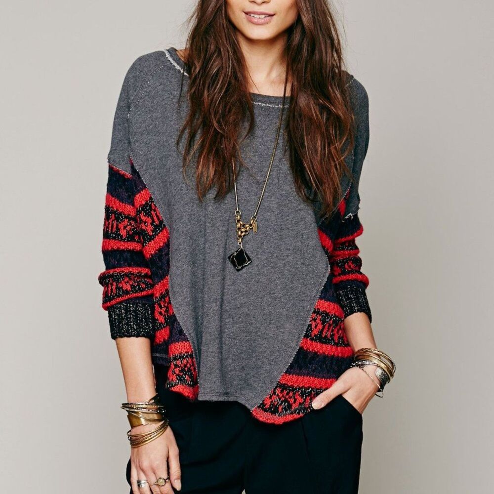 Free People Beautiful Sinner Oversized French Terry Boho Top Gray Red XSmall